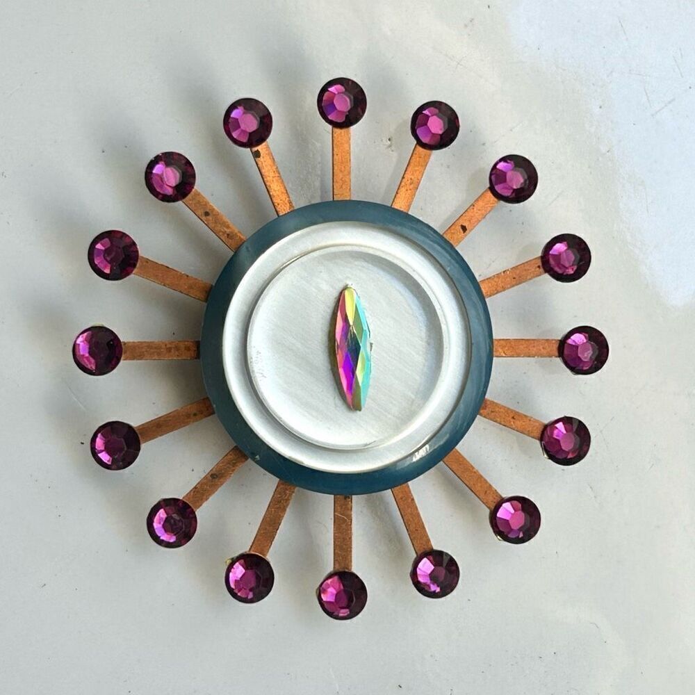 Vintage Upcycled Atomic Starburst Refrigerator Magnet Buttons Rhinestones Purple